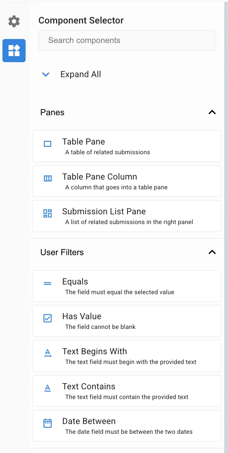 Mirata Component Selector panel with options for Panes and User Filters in the dashboard data management feature.