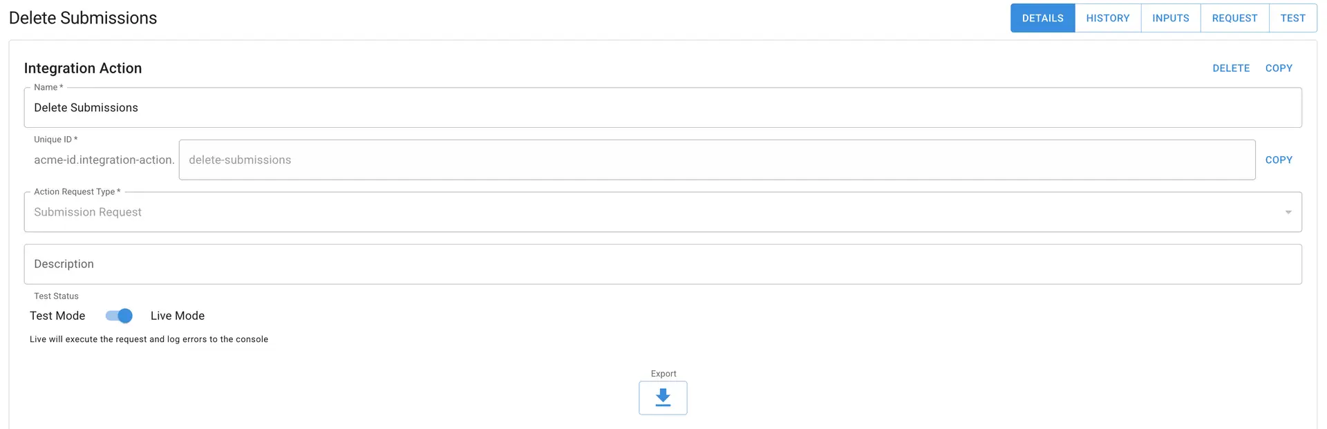 Mirata Integration Action Delete Submissions Details screen