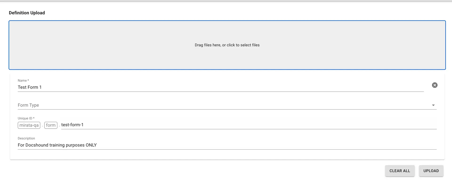 Mirata Definition Upload screen for migrating forms between environments.