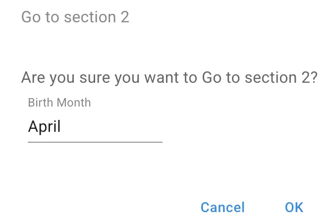 Mirata platform confirmation dialog for navigating to section 2 with birth month April.