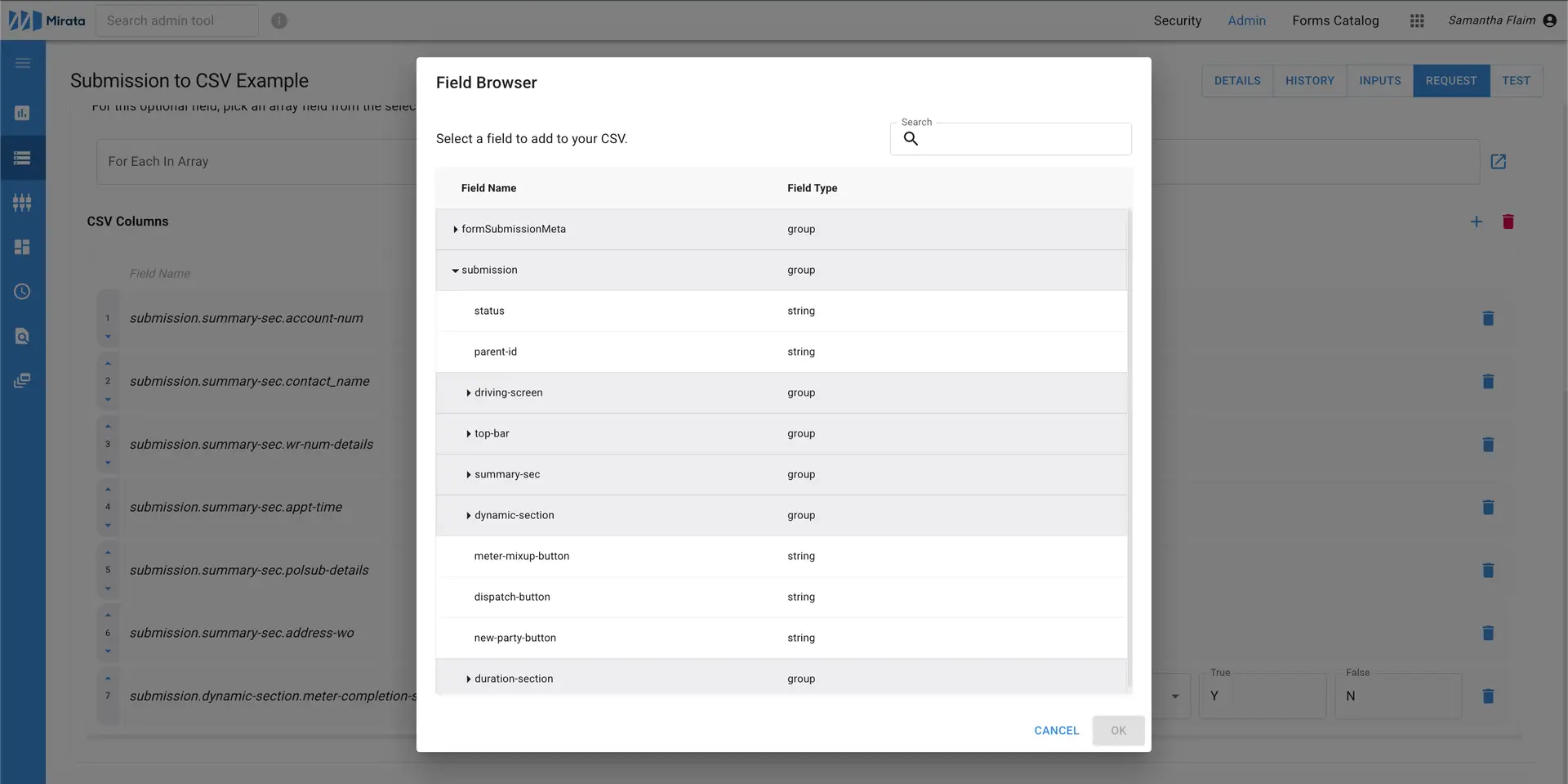 Mirata - Submission to CSV Example with Field Browser dialog open