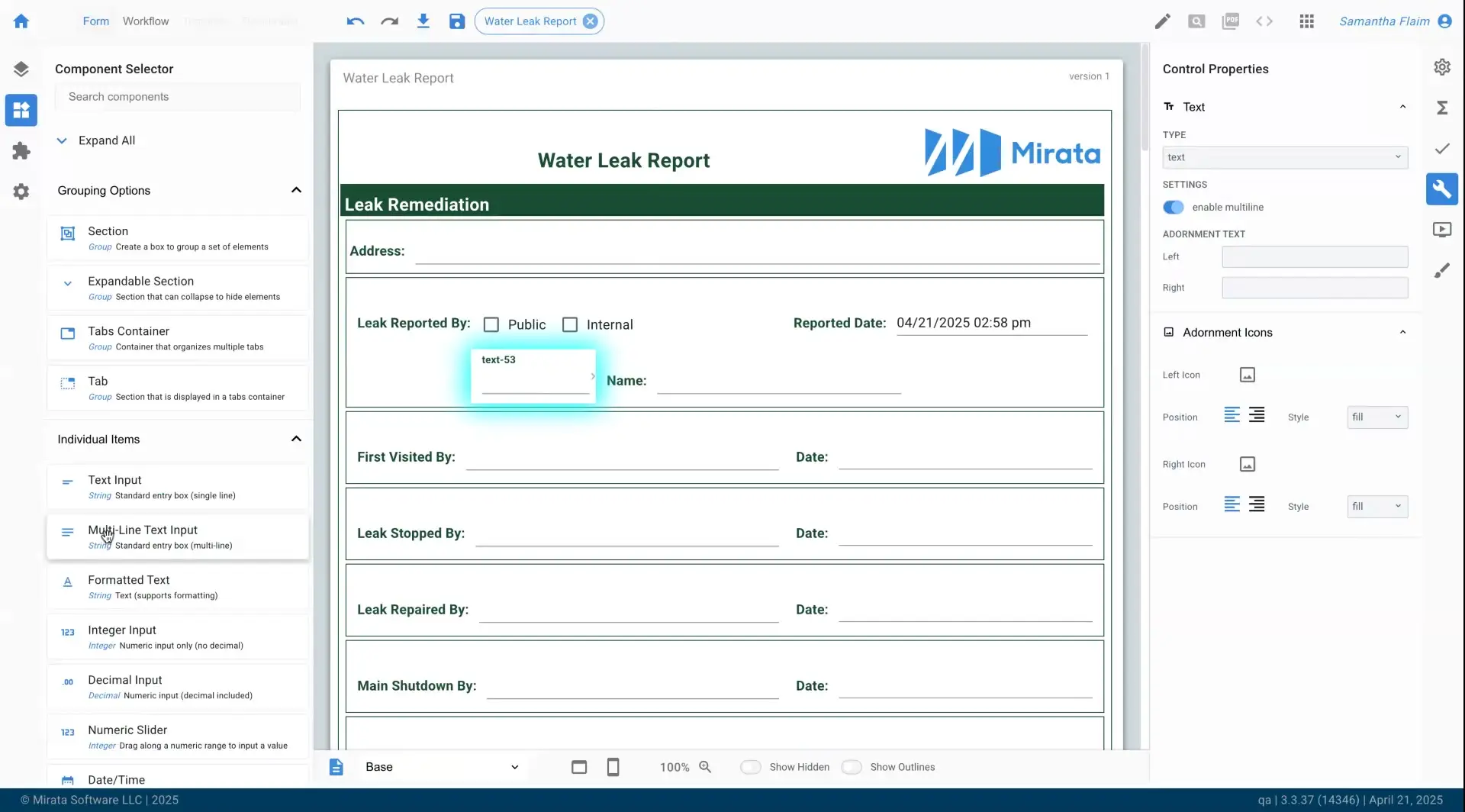 Mirata platform form design interface for Water Leak Report