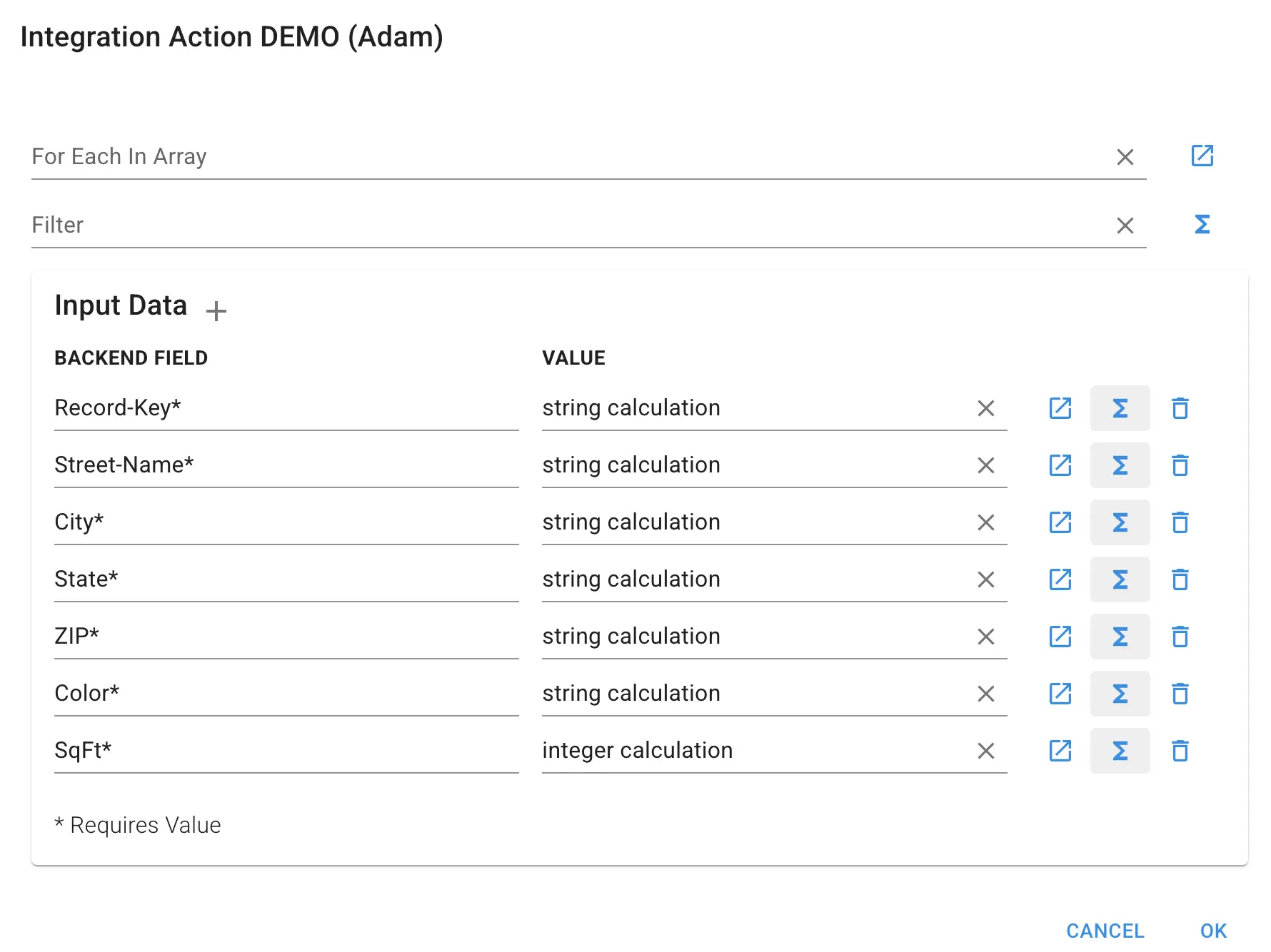 Mirata Integration Action DEMO screen for managing workflow input data