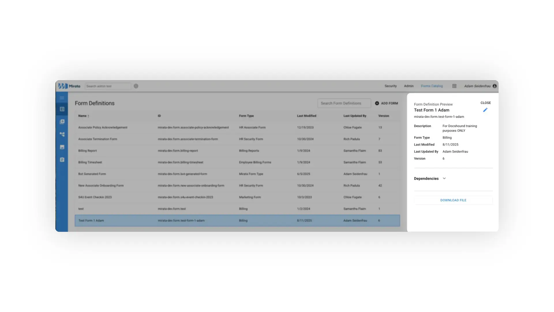 Mirata Form Definitions page showing a list of forms and a preview of 'Test Form 1 Adam'.
