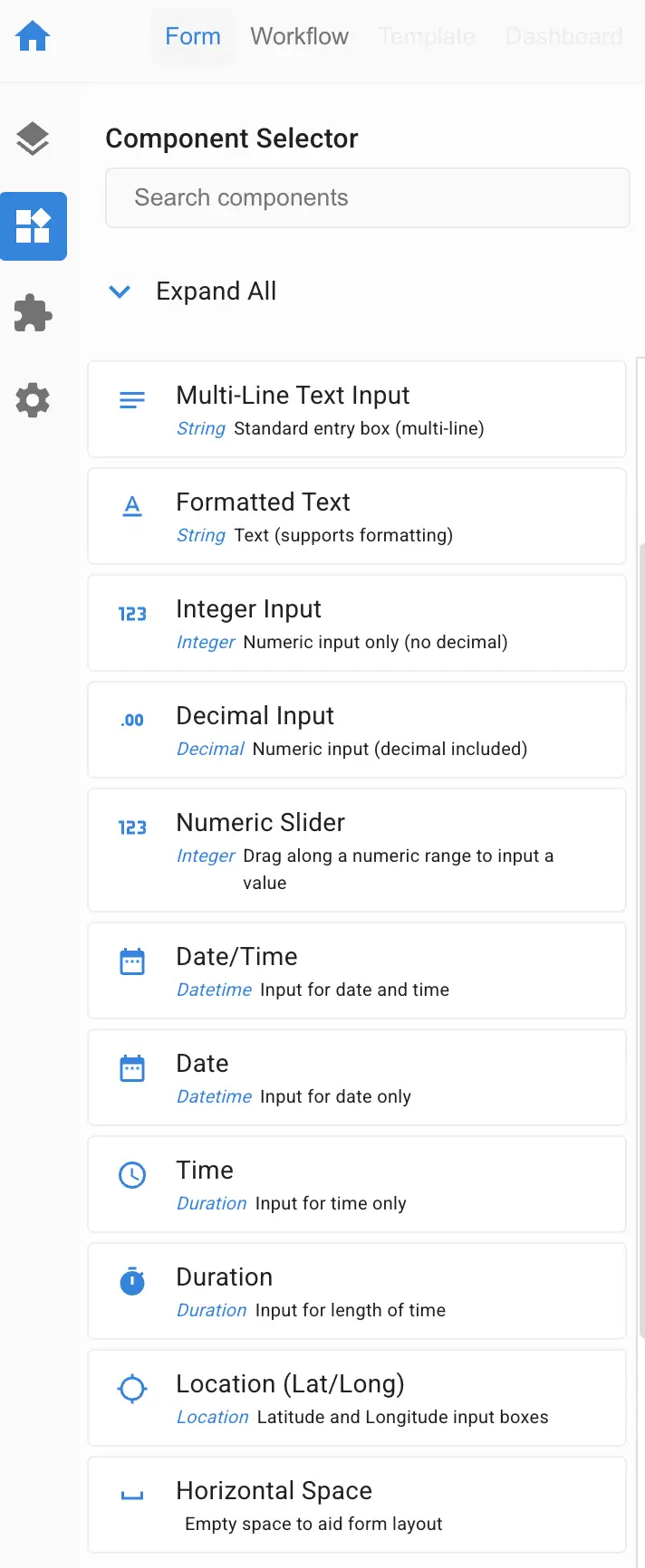 Mirata Component Selector with various input options like Multi-Line Text Input, Formatted Text, Integer Input, and more.