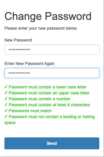 Mirata Change Password screen with password requirements and Send button.