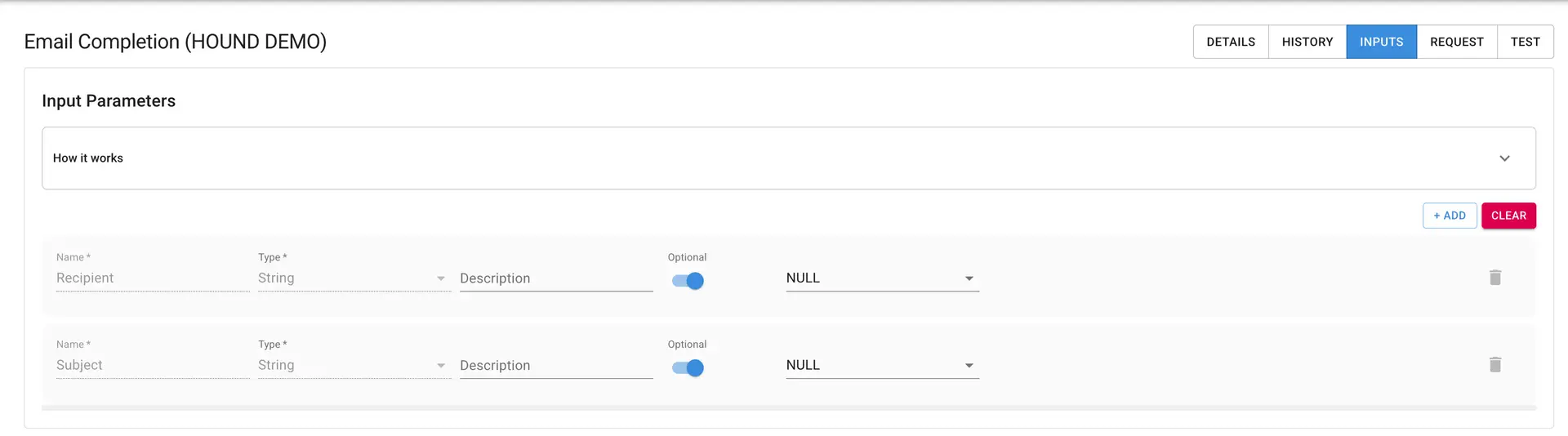 Mirata Email Completion Inputs tab interface showing input parameters for email configuration.