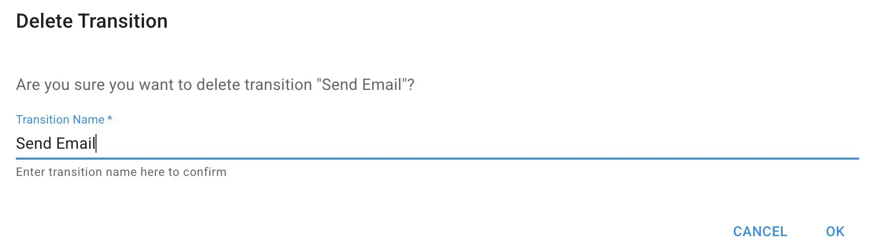 Mirata Delete Transition confirmation dialog for workflow feature