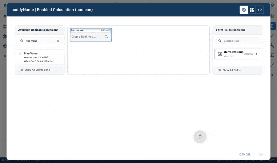 Mirata Calc Editor interface for configuring Enabled Calculation with boolean expressions and form fields.