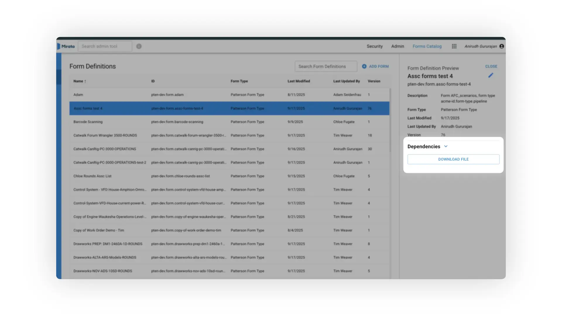 Mirata Forms Catalog - Form Definitions page showing details of Assc forms test 4