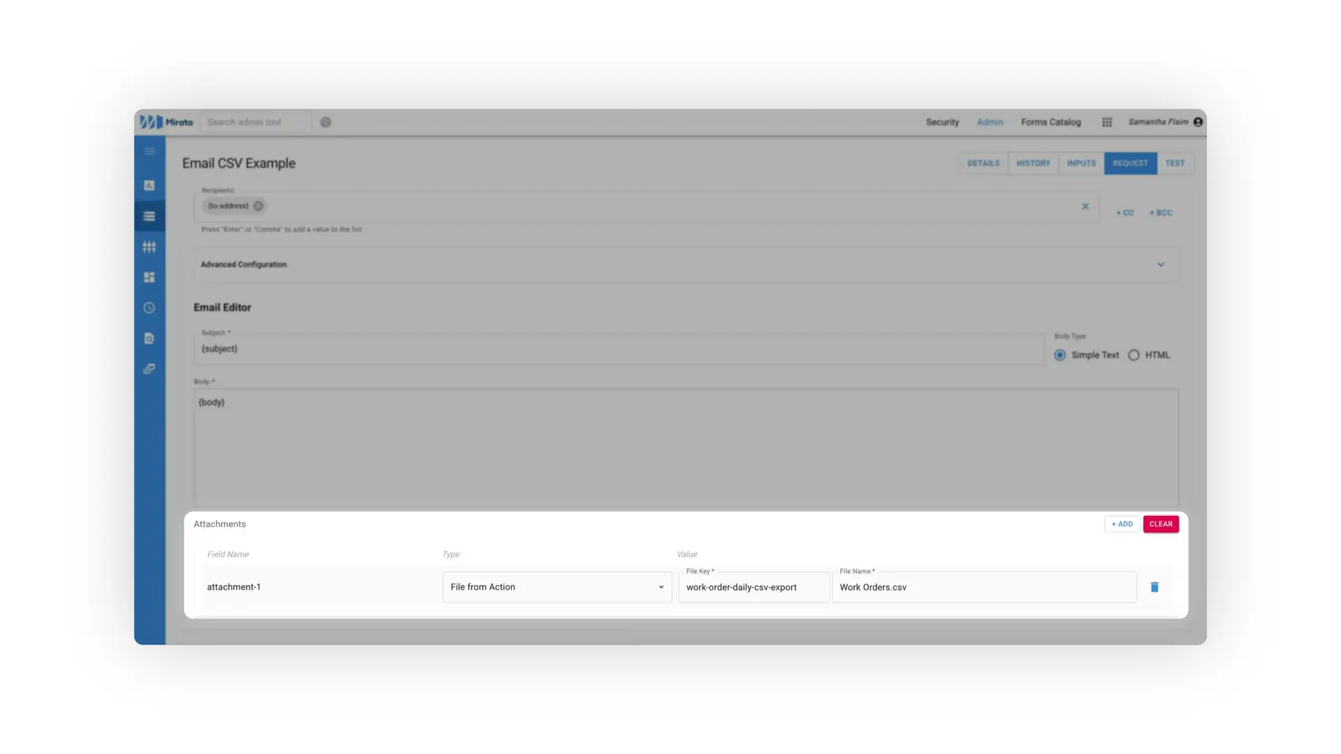 Mirata Email CSV Example interface for exporting submission data to CSV