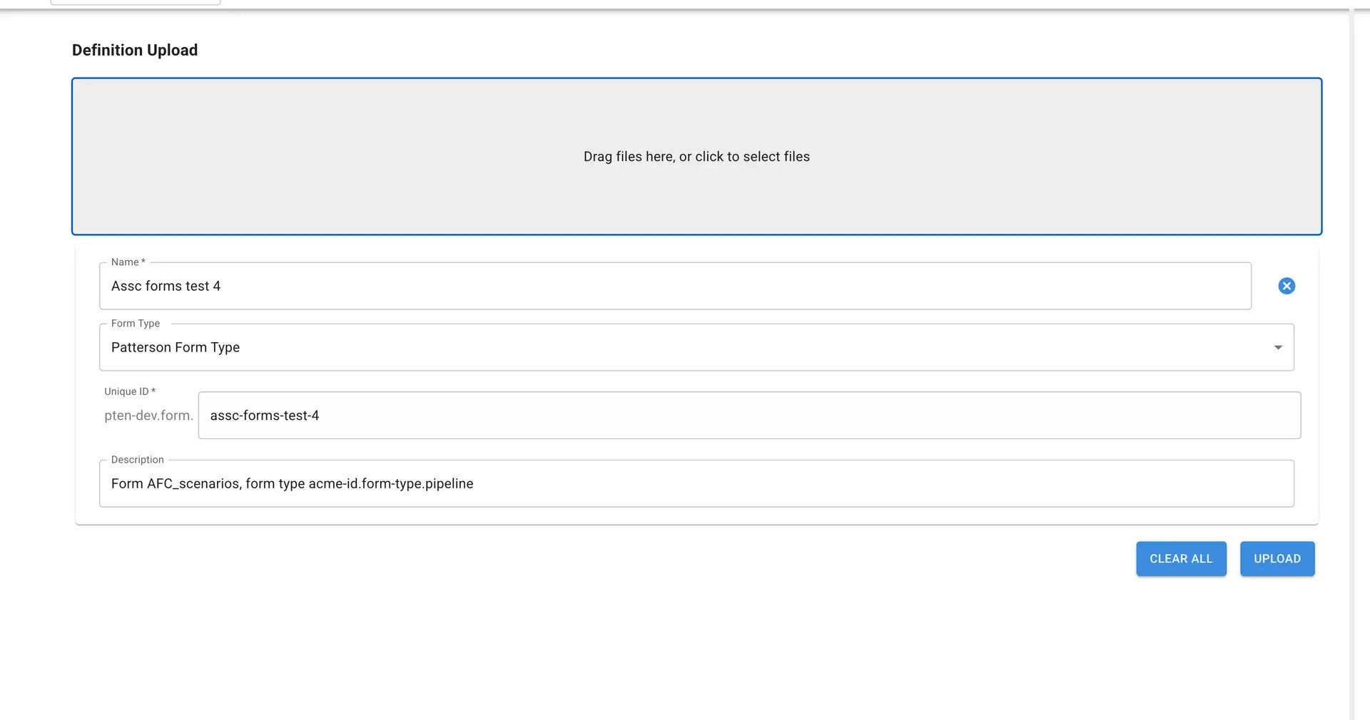 Mirata Forms Definition Upload screen showing fields for Name, Form Type, Unique ID, and Description with options to clear or upload.