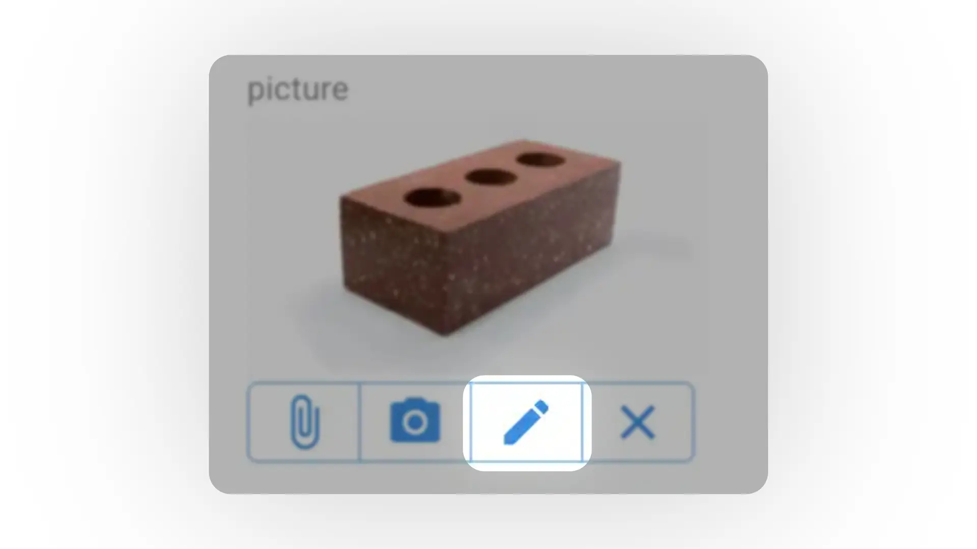 Mirata Forms image annotation feature with a brick image and icons for attach, capture, edit, and delete.