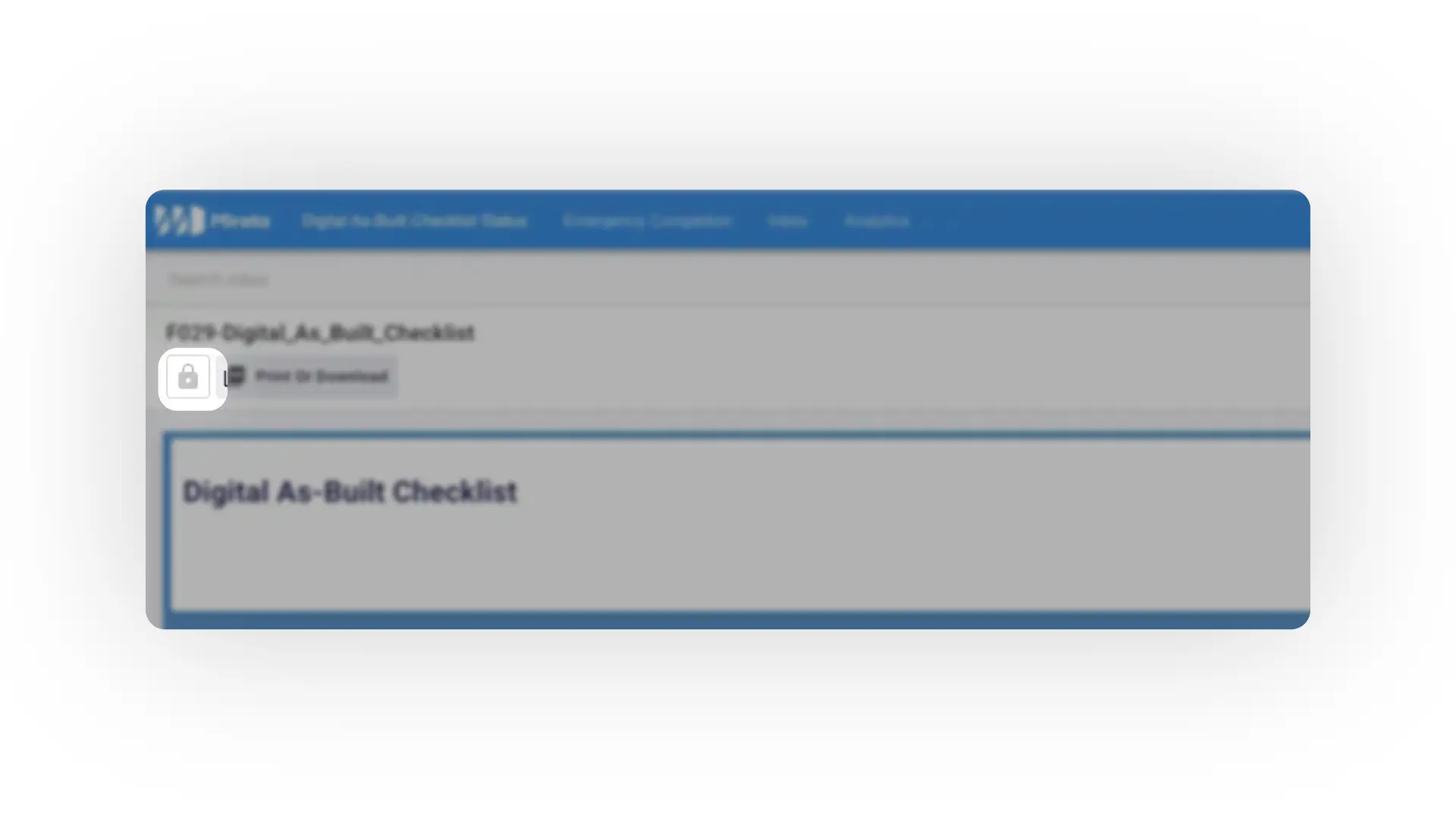 Mirata Digital As-Built Checklist page with navigation and print or download options.