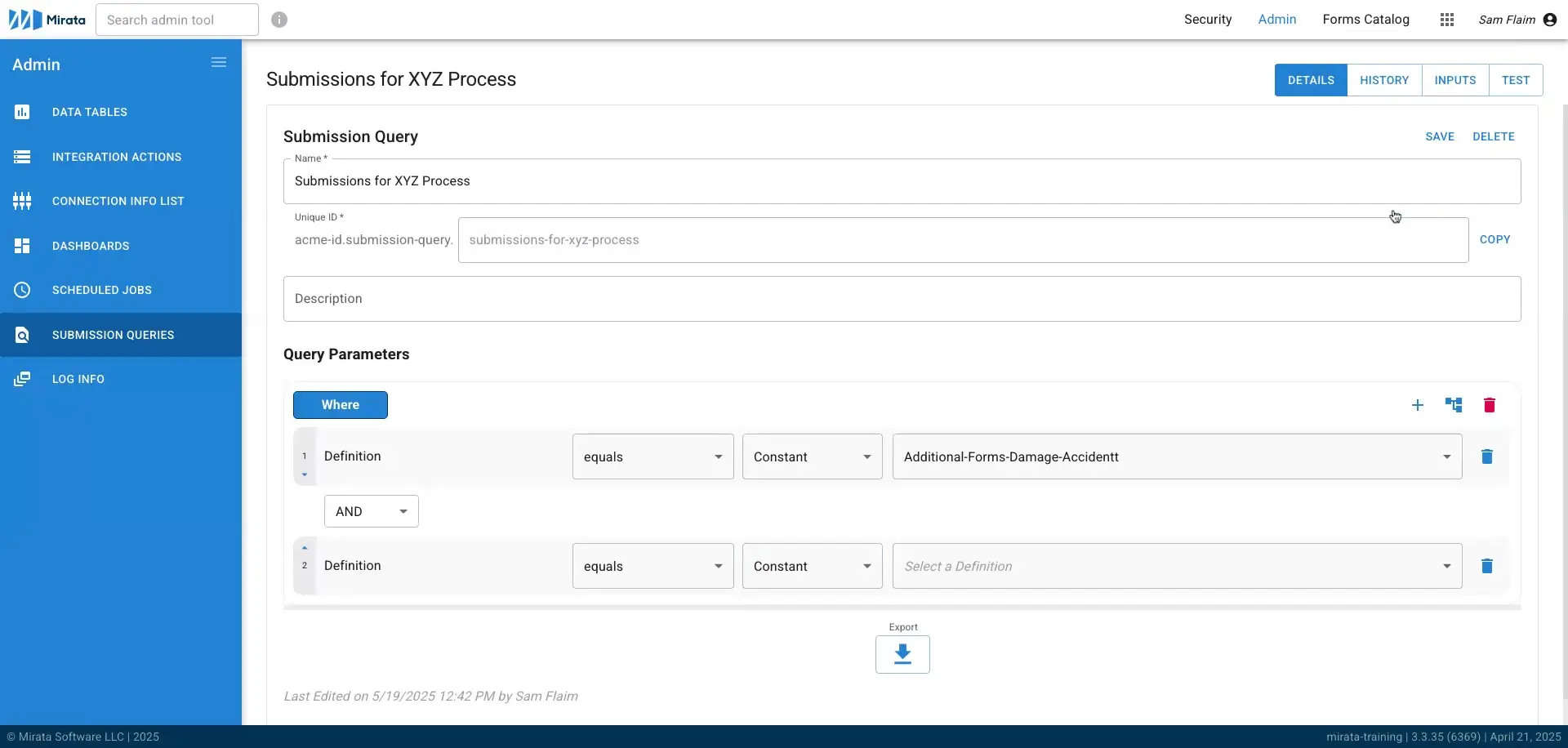 Mirata Admin Submission Queries page for XYZ Process