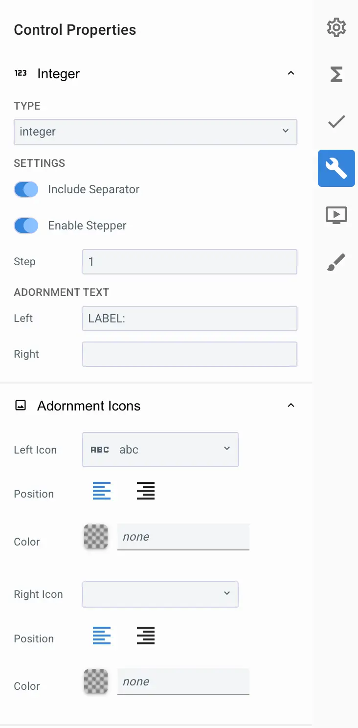 Mirata Control Properties panel for Integer input configuration