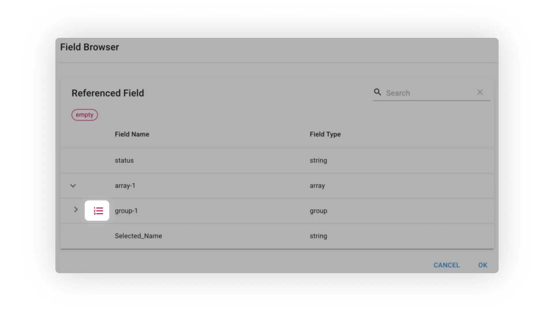 Mirata Field Browser interface showing referenced fields for forms.