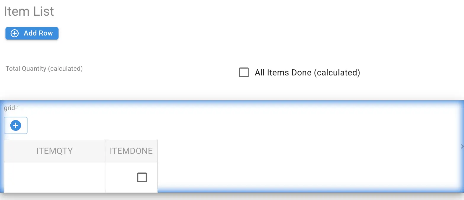 Mirata Forms feature showing Item List with Add Row button and grid for item quantity and completion status.