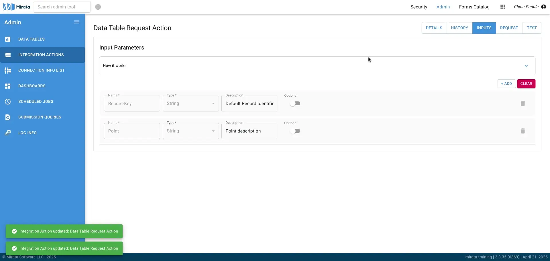 The screenshot shows the 'Data Table Request Action' interface within the Mirata platform, specifically focusing on defining input parameters for an integration action. The user is configuring fields such as 'Record-Key' and 'Point' with their respective types and descriptions.