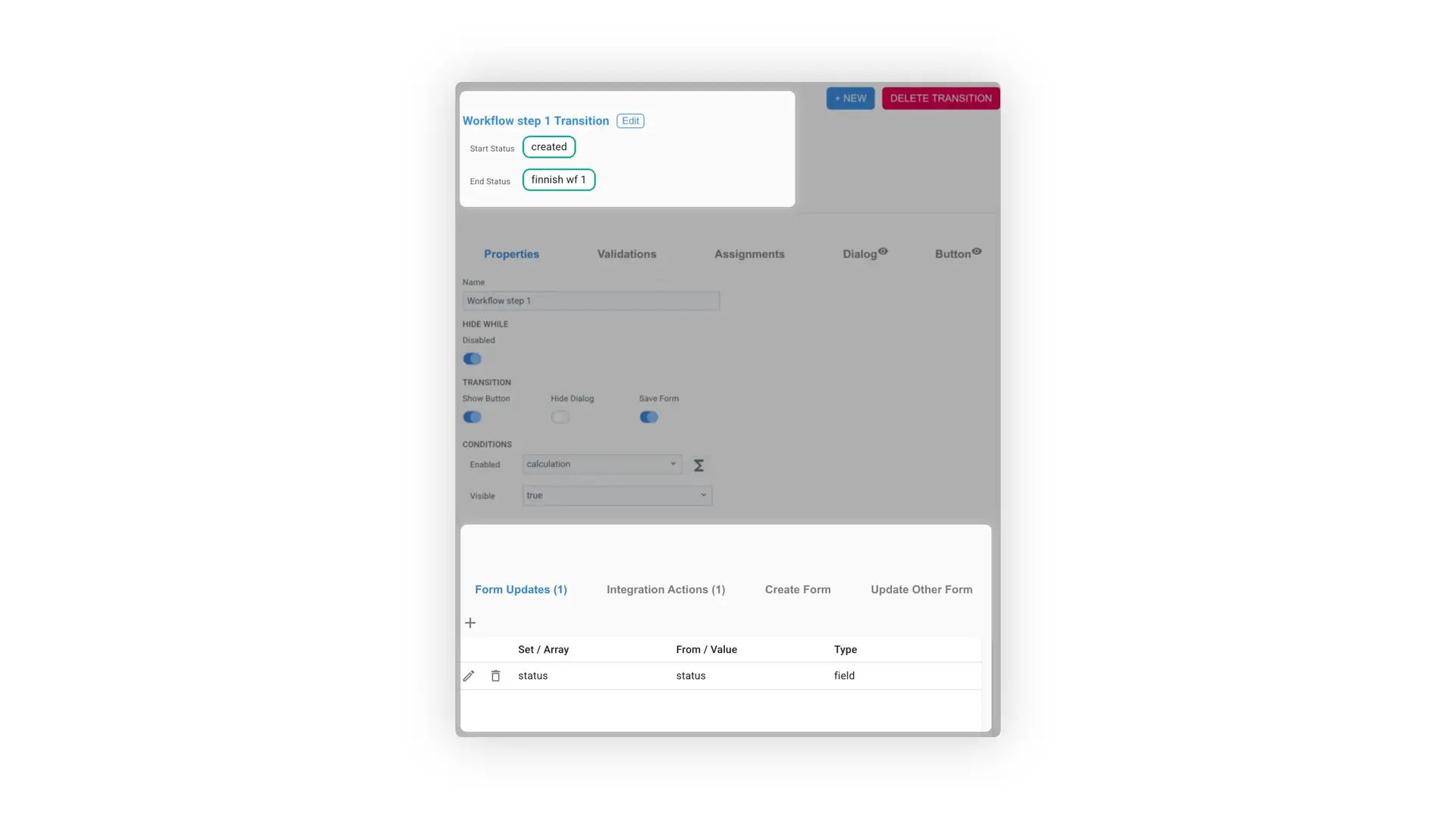 Mirata Workflow step 1 Transition configuration screen showing properties and form updates.
