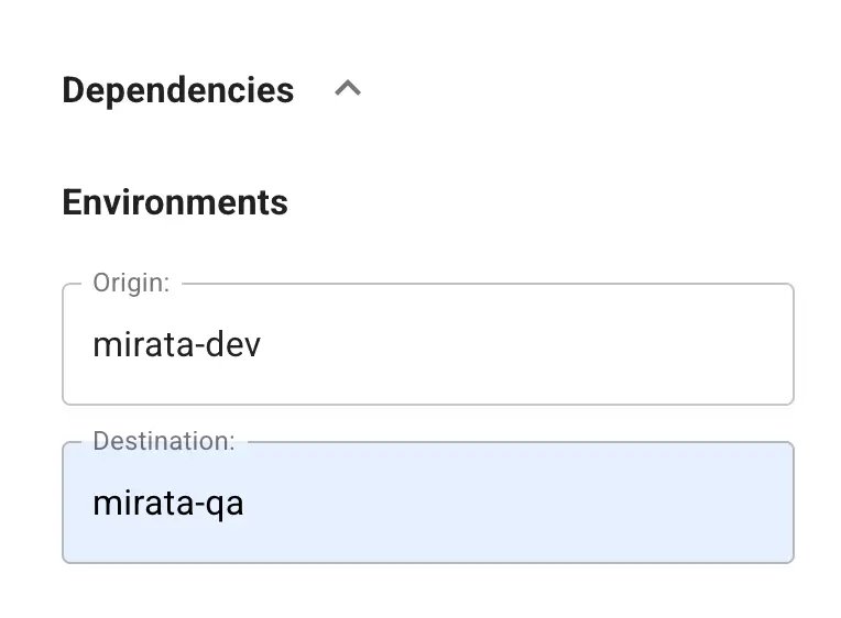 Mirata platform screenshot showing environment migration from mirata-dev to mirata-qa.