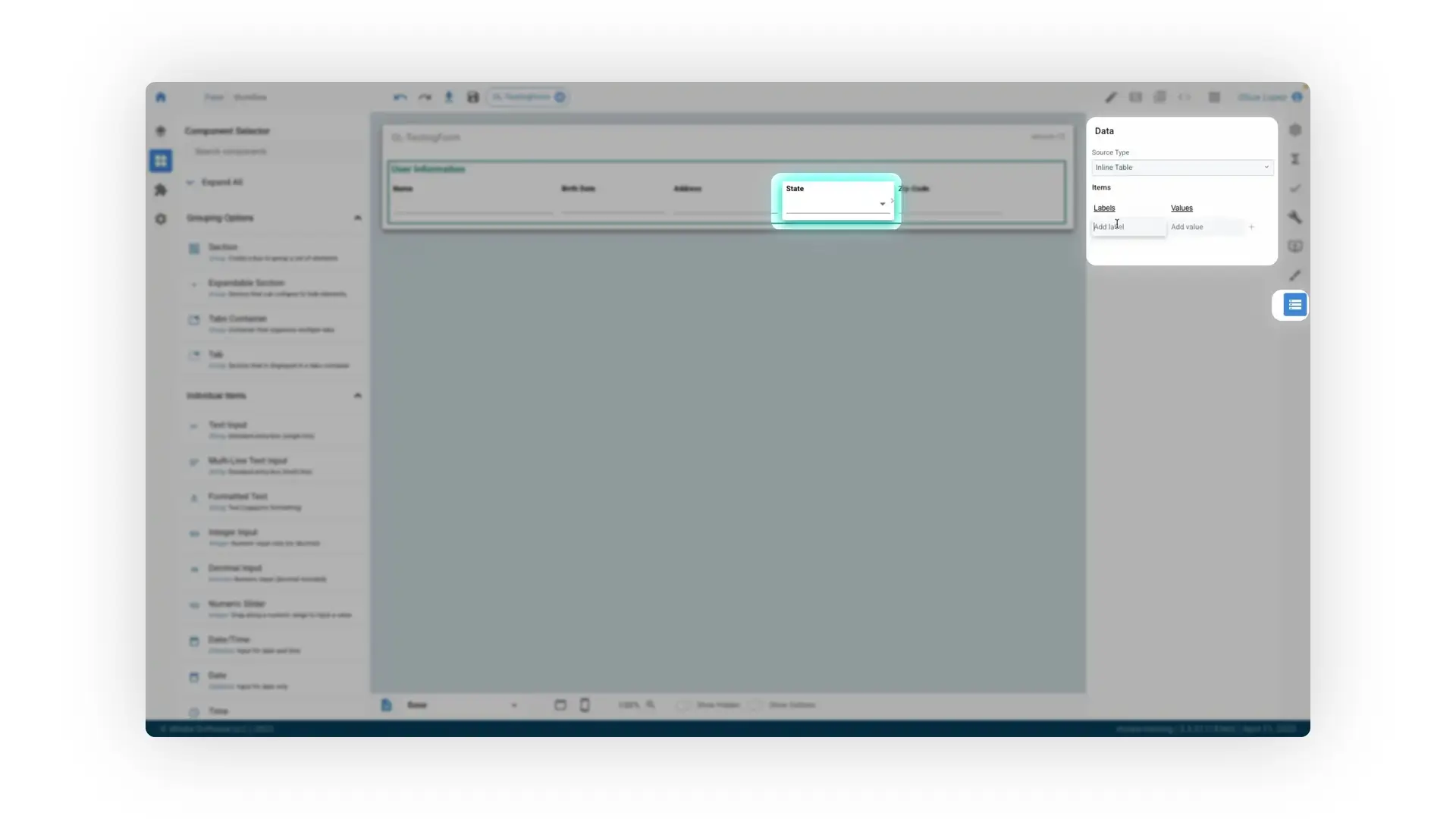 The user is configuring a drop-down field within a form, likely to include source data for the 'State' field, as indicated by the highlighted field and the 'Data' options on the right.