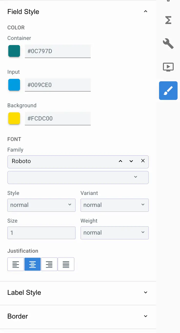 Mirata Field Style settings for button styling in forms.