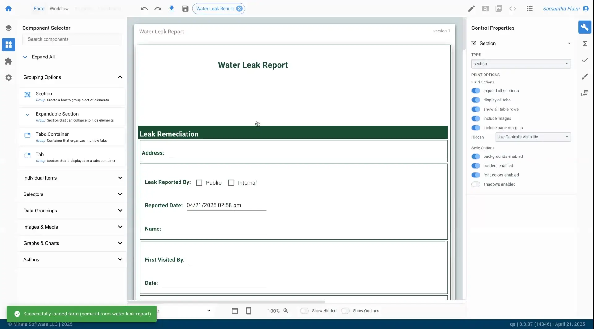 Mirata platform form design interface showing Water Leak Report form with component selector and control properties.