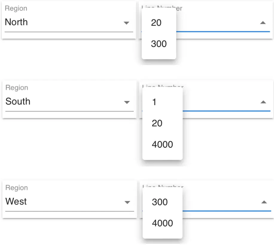 Mirata Forms interface showing dependent dropdowns for Region and Line Number.