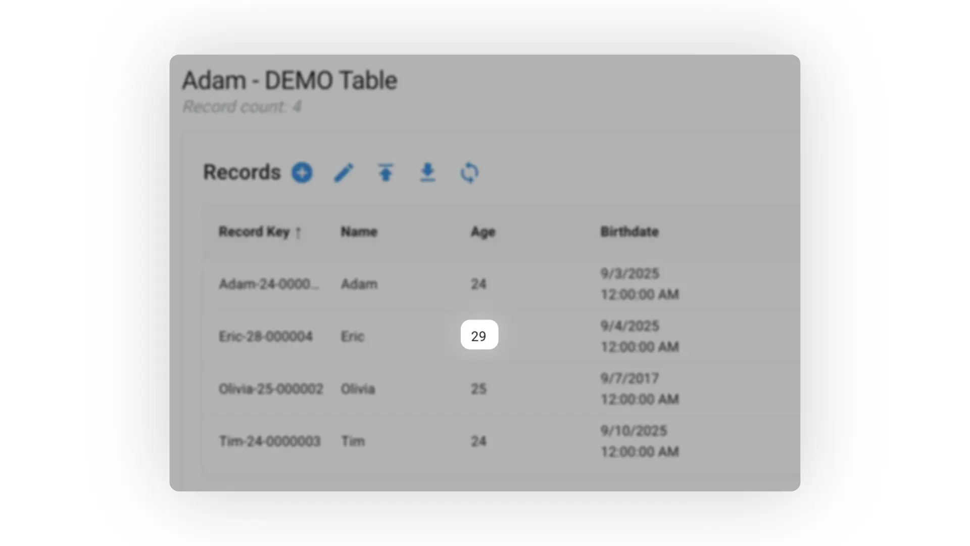 Mirata Data Management - Adam DEMO Table with 4 records