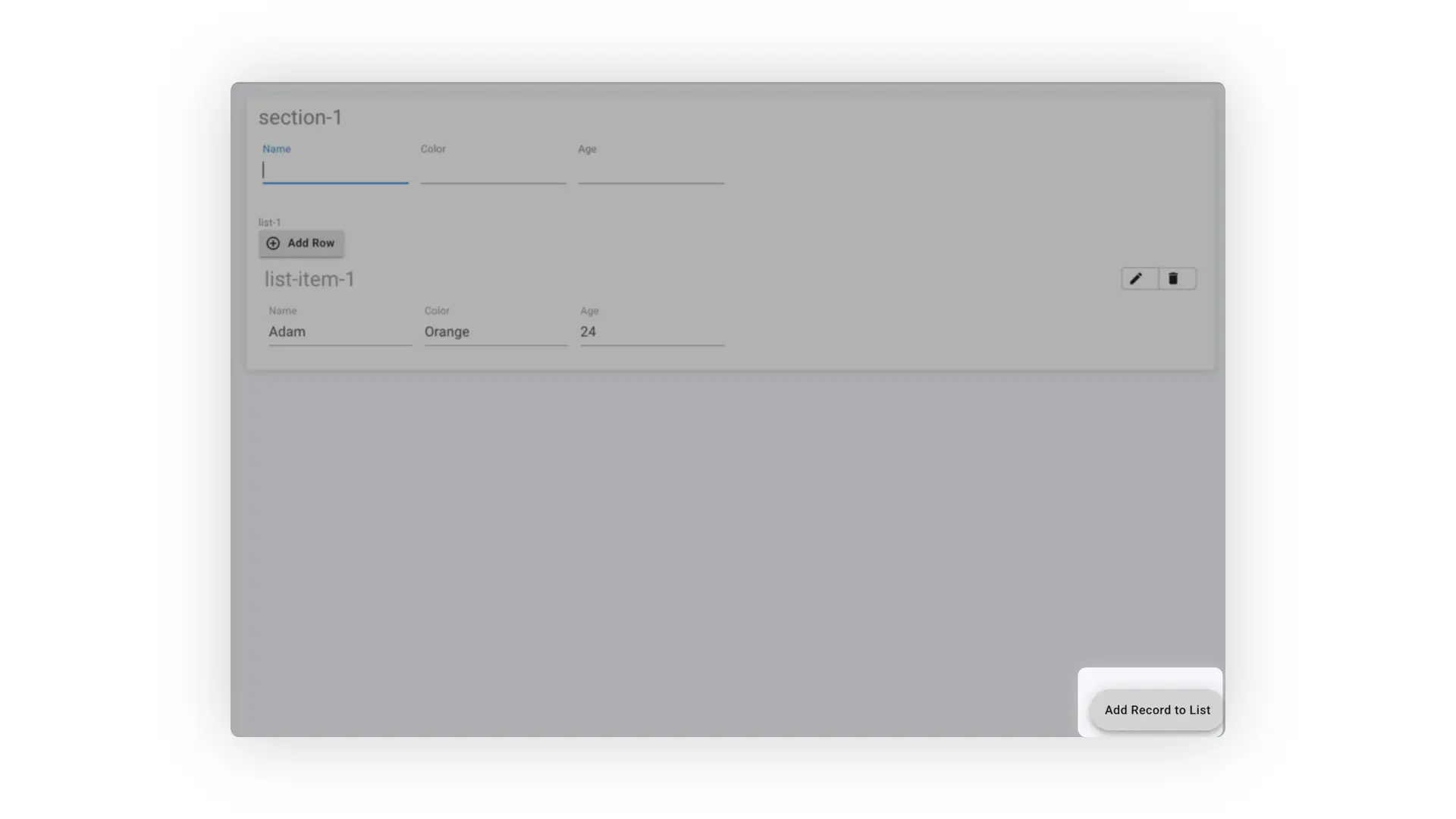 Mirata Forms interface for inserting list rows with fields for Name, Color, and Age, and options to add, edit, or delete list items.