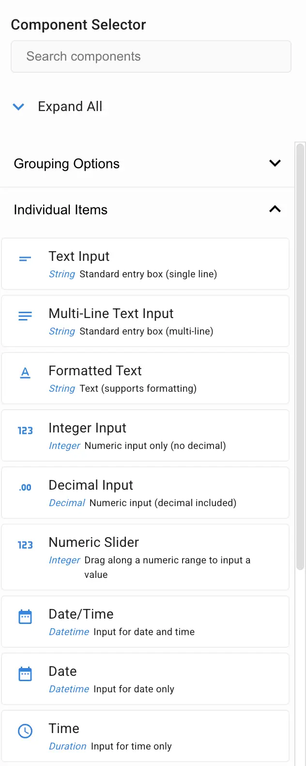 Mirata Component Selector showing Individual Items like Text Input, Multi-Line Text Input, Formatted Text, Integer Input, Decimal Input, Numeric Slider, Date/Time, Date, and Time.