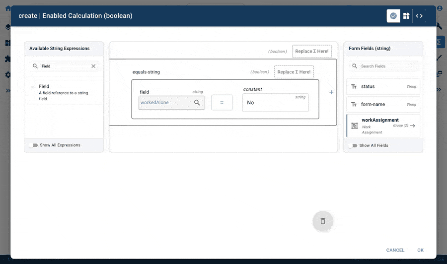Mirata create enabled calculation boolean editor interface