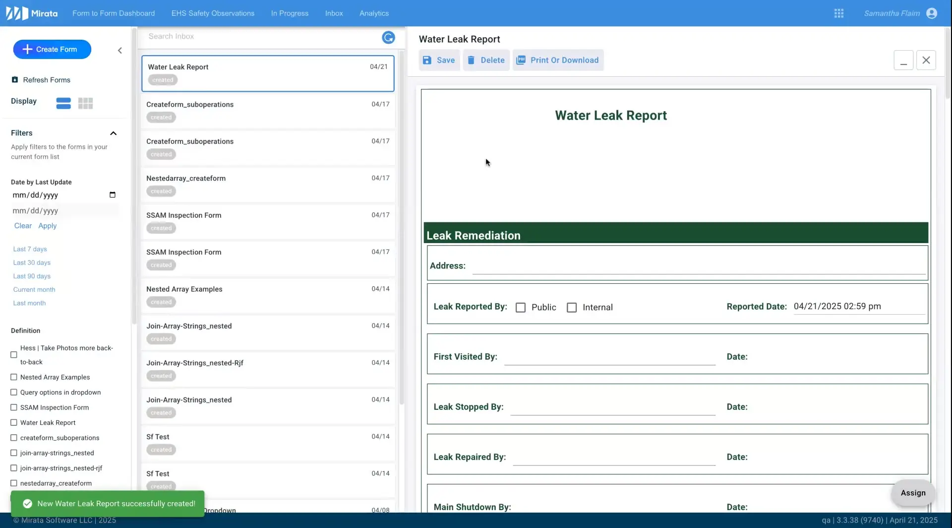 Mirata platform interface showing Water Leak Report form in Forms feature
