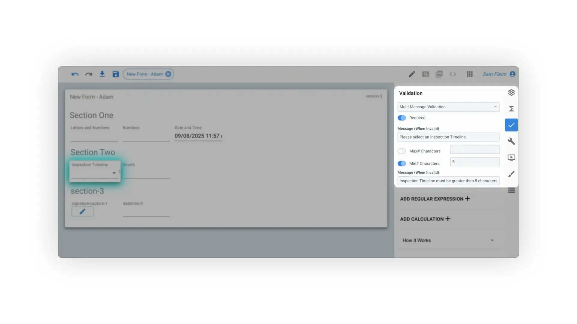 Mirata form creation screen with validation settings for Inspection Timeline field.