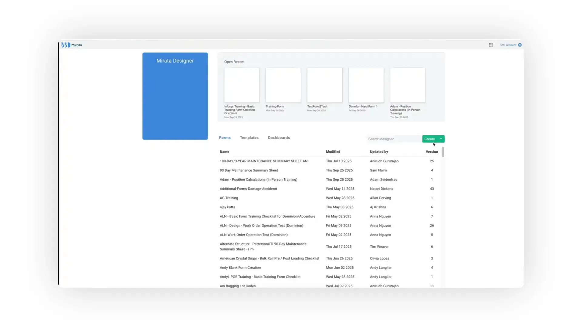 The Mirata Designer homepage is displayed, showcasing a list of forms, templates, and dashboards, with options to search and create new items.