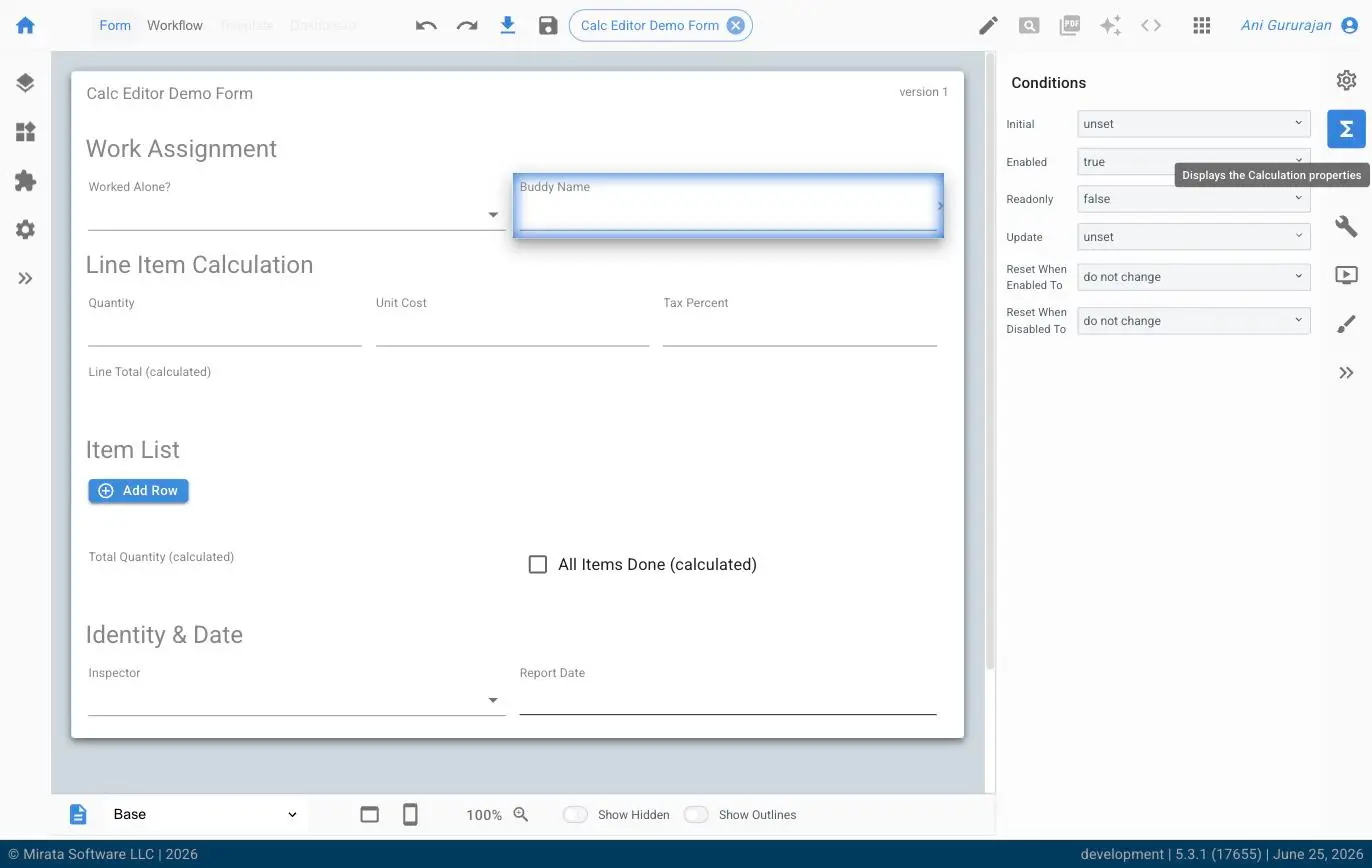 Mirata Calc Editor Demo Form with conditions panel for enabling fields based on answers