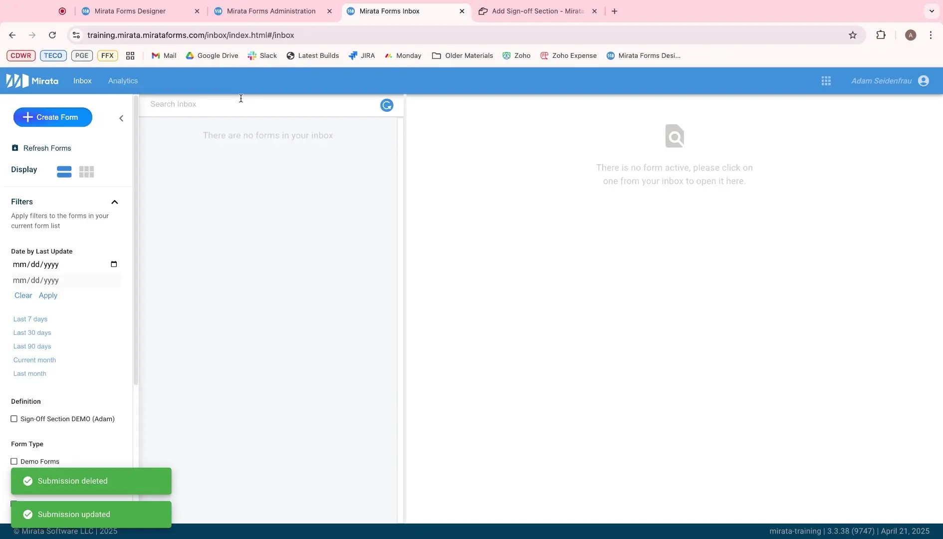 Mirata Workflows Inbox interface with form creation and filtering options.