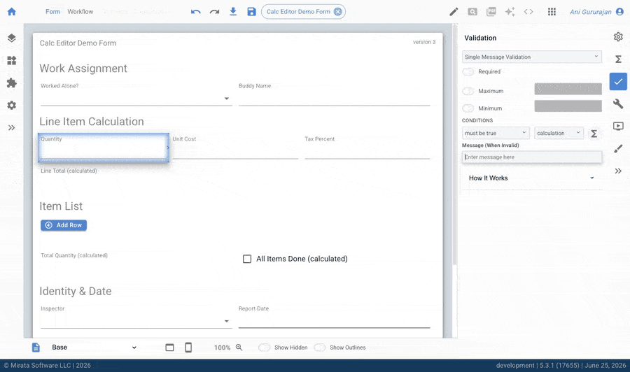 Mirata Calc Editor Demo Form with Boolean Expressions and Validation Panel