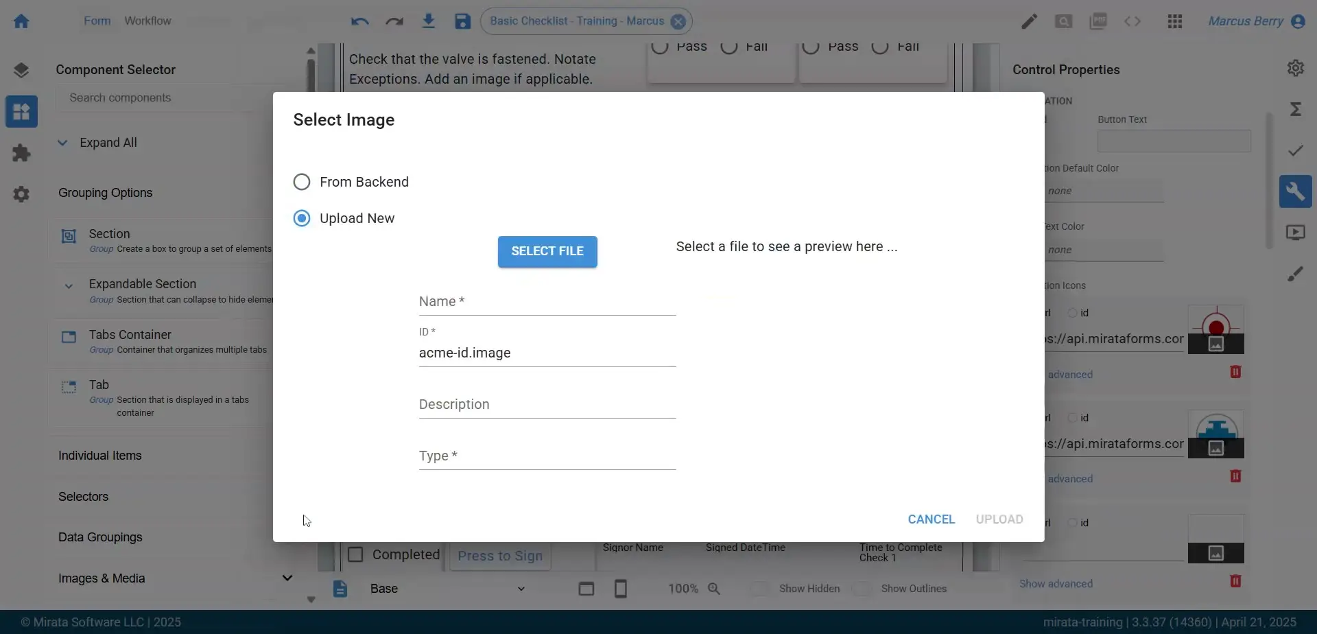 The user is in the process of adding an image to a form within the Mirata platform. The 'Select Image' dialog is open, offering options to choose an image from the backend or upload a new one.