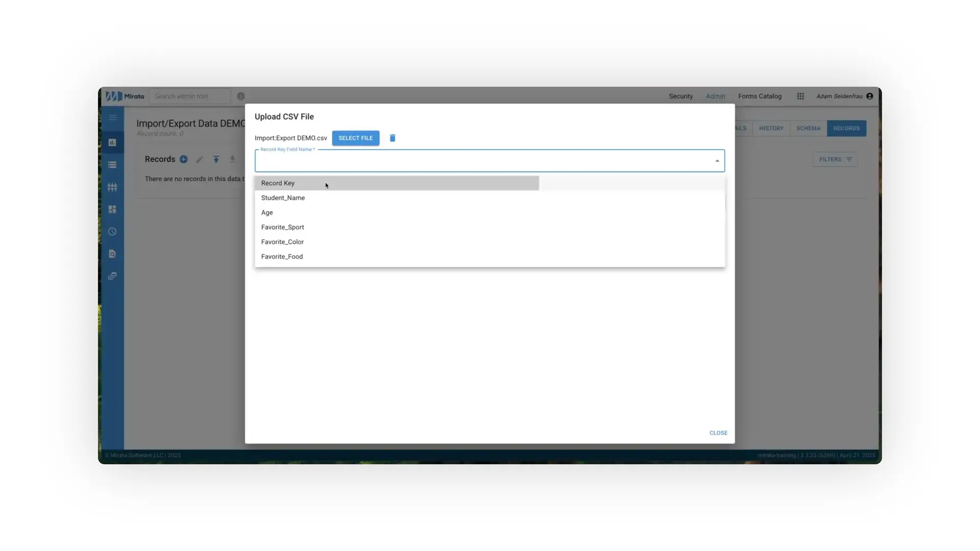 Mirata platform Import/Export Data DEMO screen showing Upload CSV File dialog with options to select a record key field.