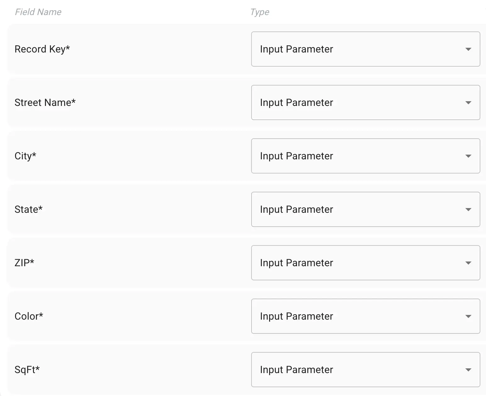 Mirata Workflows Integration Actions screen showing field names and input parameter types.