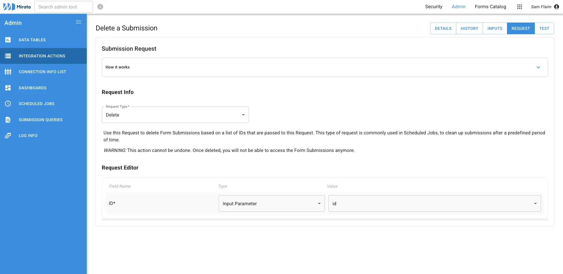 Mirata Admin Tool - Delete a Submission screen