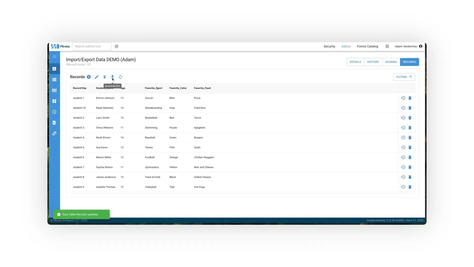 Mirata Admin Import/Export Data DEMO page showing student records table.
