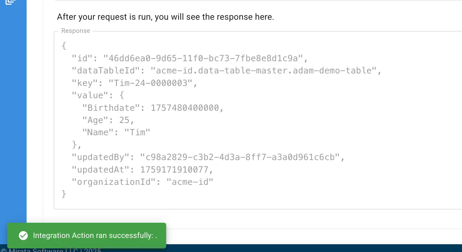 Mirata Data Management - Data Table Request Response