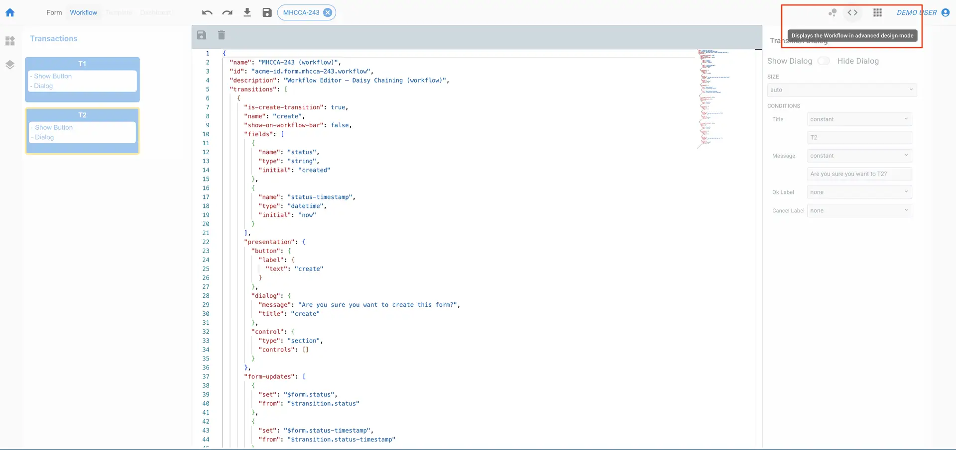 Mirata Workflow Editor Daisy Chaining screen showing JSON configuration and transition dialog options.