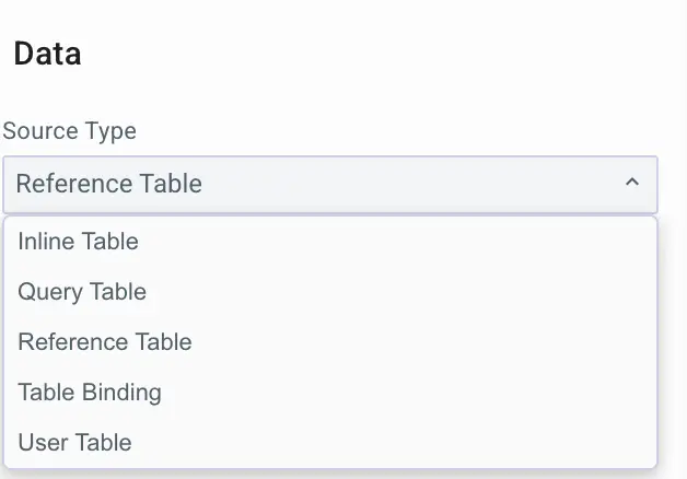 Mirata Forms Data Source Type dropdown menu showing options like Reference Table and Inline Table.