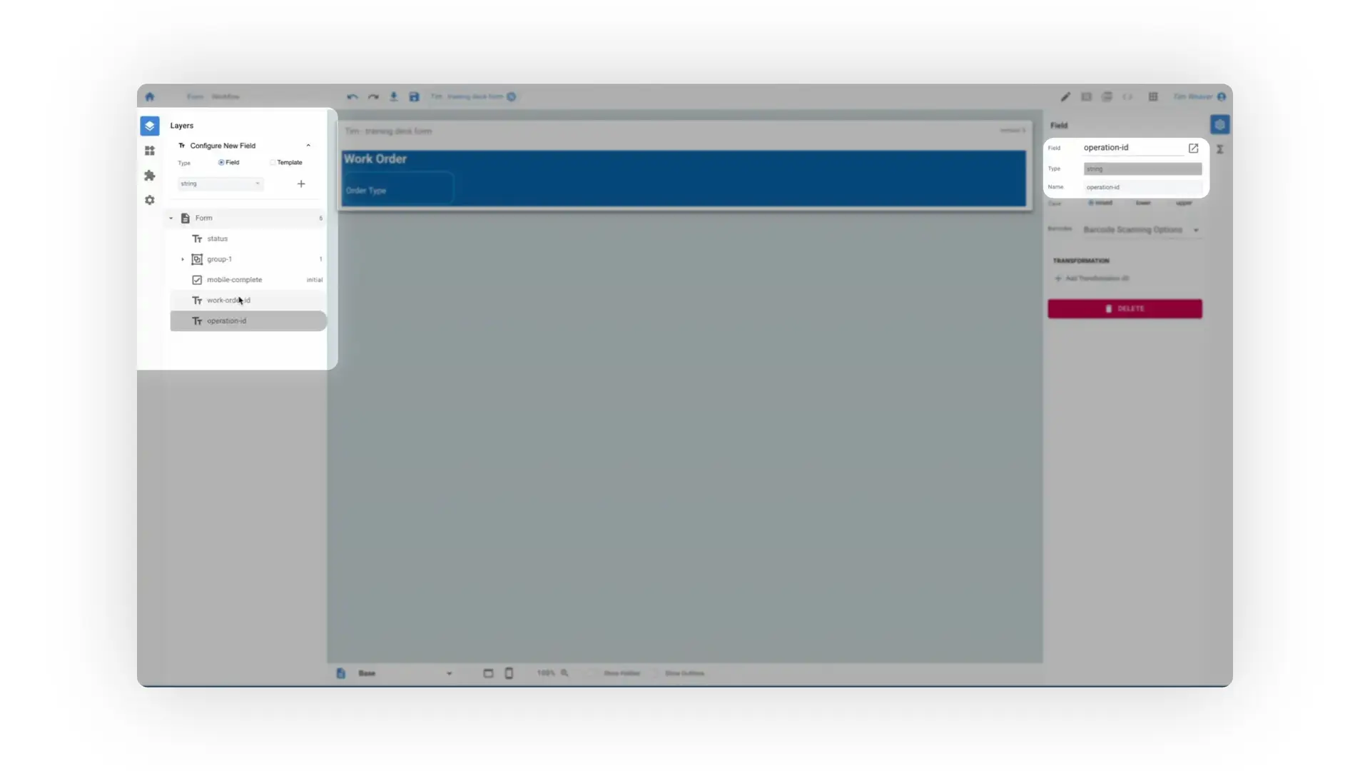 The user is in the Mirata Forms Designer, editing a form. The user is renaming a field to "work-order-id".