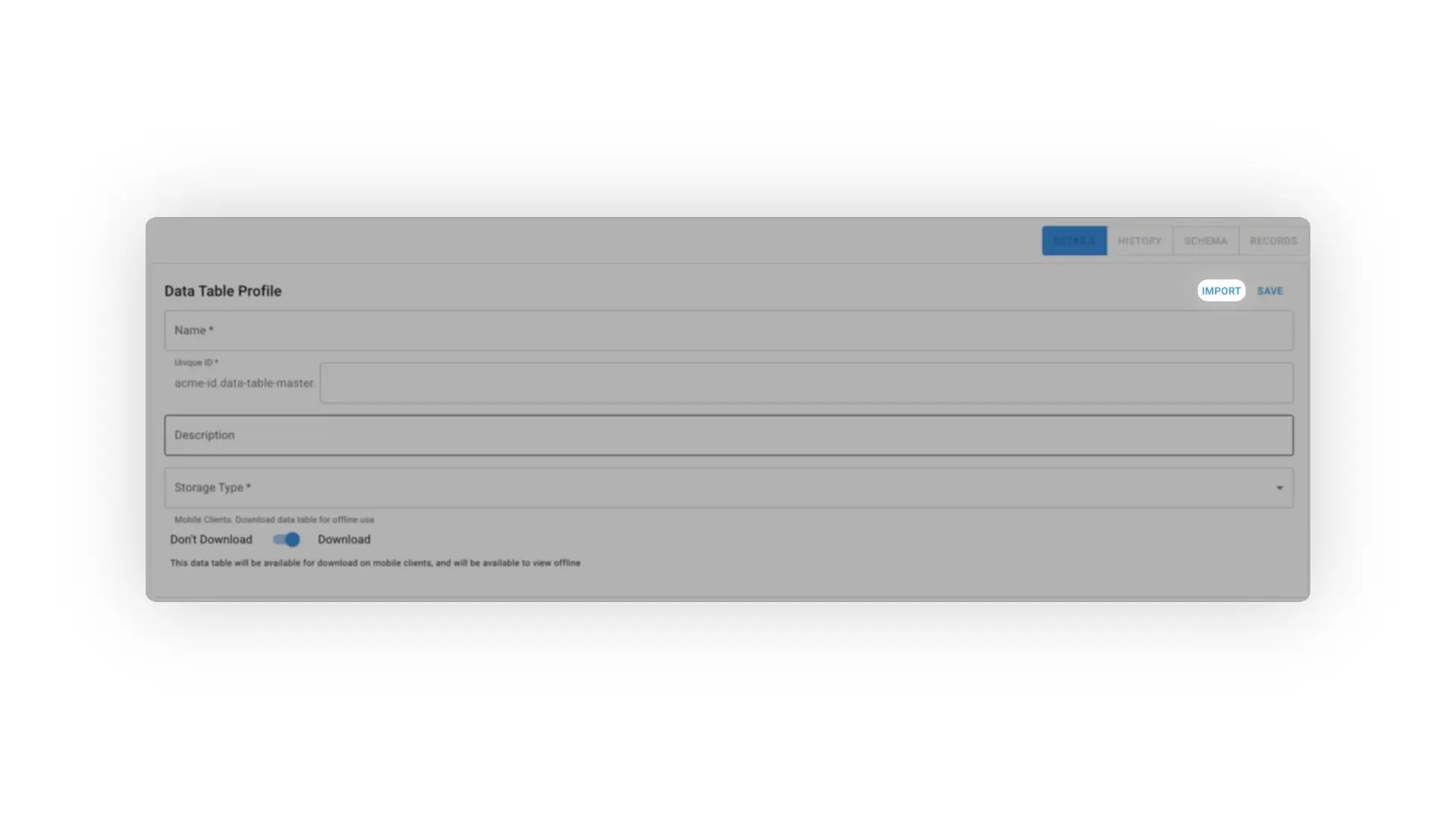 Mirata Data Table Profile page for creating a data table from CSV.