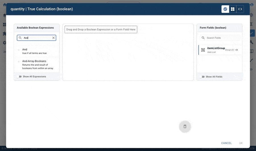 Mirata Calc Editor for Boolean Expressions with panels for available expressions and form fields.